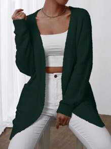 Chiquease Solid Color Casual Cardigan With Pockets, Versatile Long Sleeve Knit Sweater - Dark Green - View 1