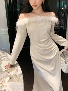 DAZY Damska asymetryczna dzianinowa sukienka midi z odkrytymi ramionami i długim rękawem w jednolitym kolorze, sukienka na bal urodzinowy, ubrania na jesień