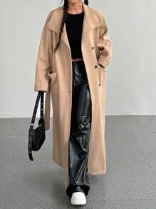 Flirla 女式纯色纽扣前口袋腰带休闲长袖夹克，秋冬 - 杏色 - 查看 7