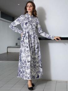 Aveloria 1pc Random Floral Print Button-Up Long Sleeve Pleated A-Line Dress For Women
