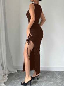 Chiquease 女士休闲侧抽绳高开衩修身针织连衣裙，夏季长款女装 - 棕色 - 查看 2