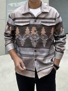 Manfinity Homme Cappotto vintage con stampa geometrica e bottoni anteriori per uomo, soprabito casual colorato da indossare in autunno, regalo adatto per amici, mariti e fidanzati