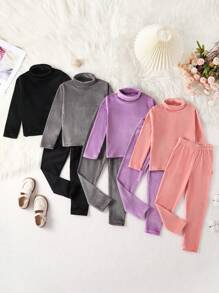 SHEIN 2 件套年轻女孩休闲银狐羊毛高领长袖连帽衫和裤子套装 - 彩色 - 查看 3