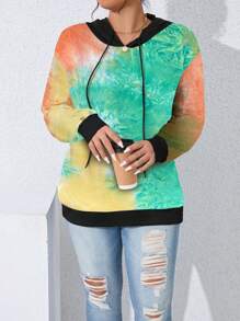SHEIN LUNE Plus Size Solid Color Patchwork Long Sleeve Simple Hooded Sweatshirt, Casual Daily Wear Pullover Fall Sweatshirt - Multicolor - View 3