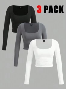 SHEIN EZwear 3 chiếc áo thun dài tay cổ vuông nhún eo cơ bản cho nữ, hàng mới về - Nhiều màu - Xem 1
