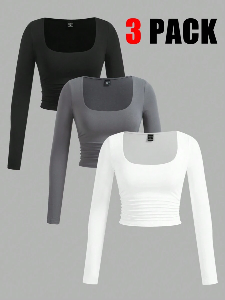 SHEIN EZwear 3 chiếc áo thun dài tay cổ vuông nhún eo cơ bản cho nữ, hàng mới về - Nhiều màu - Xem 1