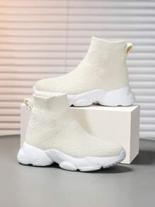 儿童中帮运动鞋，纯色，时尚百搭弹性鞋面，轻松穿脱，一键式，适合在校学生和朋友的厚底鞋，秋冬季