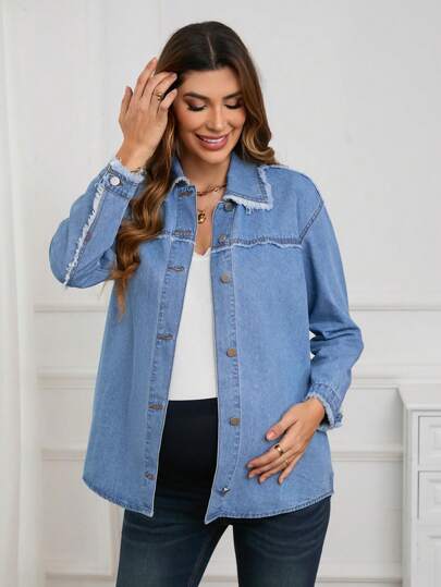 SHEIN Top en jean décontracté de maternité avec boutons à l'avant, manches longues et ourlet effiloché