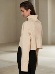 SHEIN Privé Minimalist Fashion High Neck Loose Long Sleeve Pullover Sweater, Knit Pullover Fall Winter - Khaki - View 2