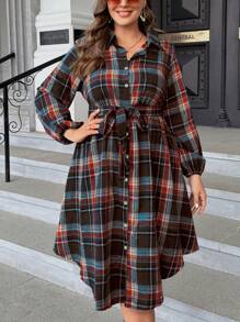 SHEIN LUNE 加大码圣诞格纹 Polo 领开衫蝴蝶结长袖连衣裙，秋冬休闲长款女装 - 棕色 - 查看 4