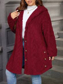 SHEIN LUNE Textured Plush Warm Comfortable Button Decorated Hooded Plus Size Jacket Winter Clothes Fall Autumn - Red - View 3