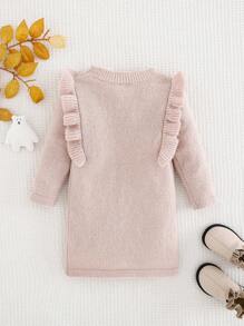 SHEIN 女婴卡其色简约荷叶边下摆长袖毛衣裙，可爱秋冬季 - 杏色 - 查看 2