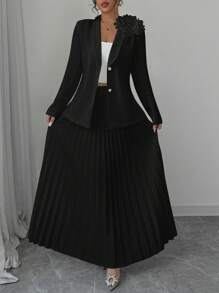 Elenzga 女款花卉裝飾前開鈕扣長袖西裝外套與A字裙休閒優雅套裝 - 黑色 - 查看 5