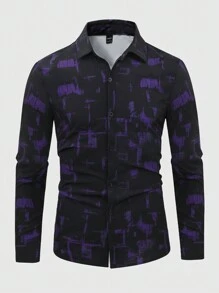 Manfinity Homme Men's Casual Long Sleeve Brush Print Button Down Shirt, Autumn