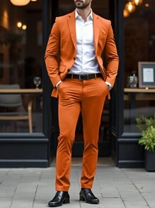 Manfinity Mode 男士纯色前扣长袖西装外套和口袋西装裤套装 - 棕色 - 查看 3