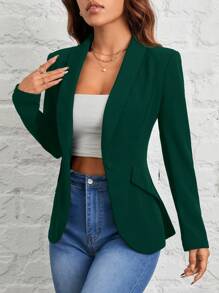 SHEIN PETITE Autumn And Winter Wear Suitable For Commuting. Shawl Collar Single-Button Black Suit Jacket - Dark Green - View 7