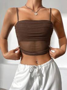 SHEIN EZwear Summer Black TopContrast Mesh Crop Cami Top - Brown - View 5