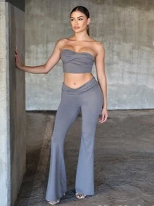 Denimoi Twist Bust Corset Top & Flared Pants Two Pieces Set - Grey - View 4