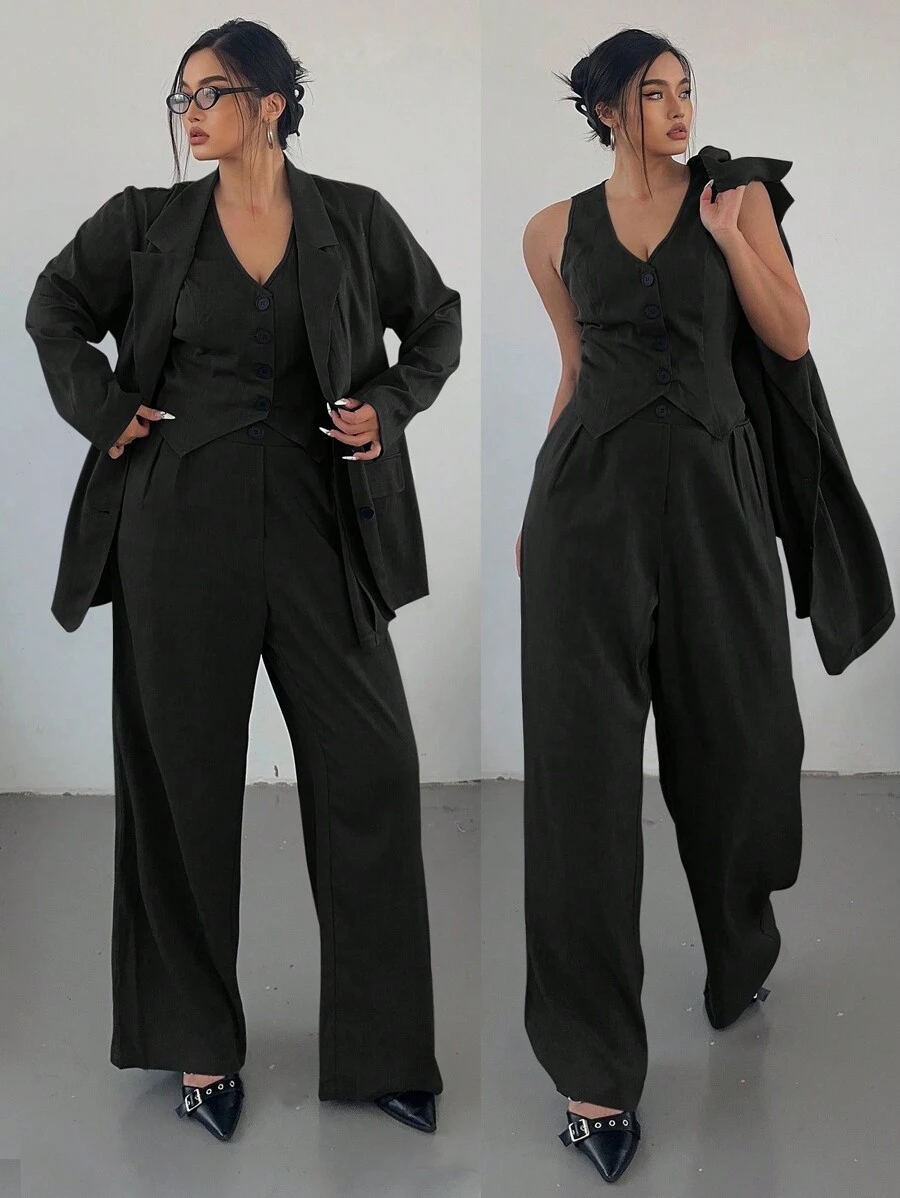Vibekara 3-Piece Set: Plus Size Lapel Collar V-Neck Vest And Straight Leg Pants, Commuter Style In Dark Gray Fall Cloth For Women Autumn - Black - View 1