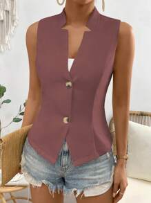 SHEIN ChicEase Women's Casual Solid Color V-Neck Single-Breasted Fitted Lightweight Waistcoat - Purple - View 1