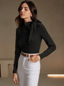 Anewsta Áo len chui đầu thiết kế nơ vai màu trơn thanh lịch dành cho nữ, thích hợp cho mùa thu, mùa đông, đi chơi, giải trí, trang trọng, tiệc tùng, thời trang, năm mới, giáng sinh, công sở, tốt nghiệp, đám cưới - màu đen - Xem 5