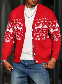 Manfinity Homme Plus Size Men's Button Front Long Sleeve Casual Graphic Shirt, Minimalist Style For Daily Wear Christmas - Red - View 3