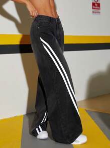 SHEIN ICON 女式休闲宽松侧条纹印花口袋细节牛仔裤 - 黑色 - 查看 4