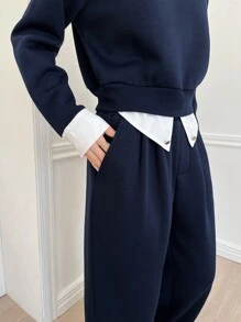 DAZY 女士休闲V领撞色拼接卫衣裤套装（2件套），秋季女装运动套装家居服套装