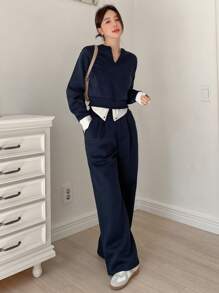 DAZY 女士休闲V领撞色拼接卫衣裤套装（2件套），秋季女装运动套装家居服套装