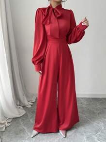 Selianne 女士优雅缎面连体裤，带超大蝴蝶结设计，长袖，阔腿，春秋季新年节日派对服装