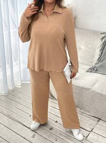 SHEIN VCAY 2pcs Plus Size Women Casual Solid Color Turndown Collar Drop Shoulder Long Sleeve Top And Pants Set, Autumn