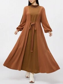 Seusyu Women Casual Contrast Color Block Drawstring Hem Hooded Long Sweatshirt Dress, Autumn/Winter - Brown - View 5