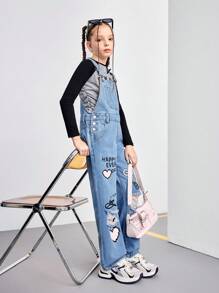 Tween Girl 休闲百搭简约个性街头印花水洗舒适蓝色牛仔连体裤和背带裤，四季百搭 - 中等水洗藍 - 查看 3