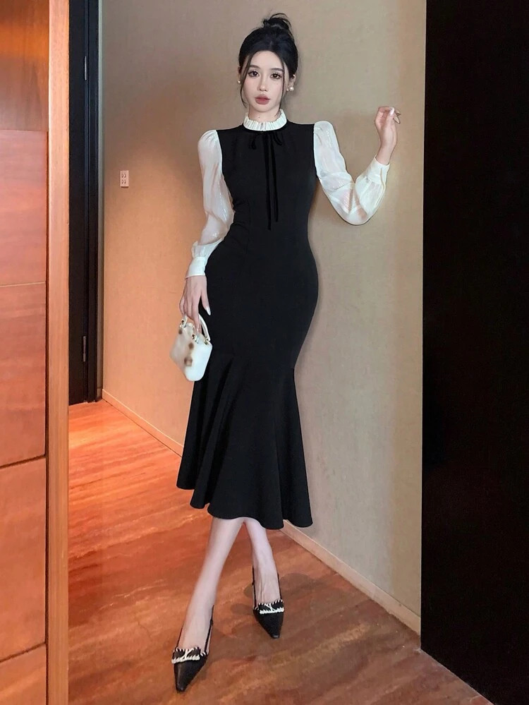 Women's Contrast Color Stand Collar Mesh Contrast Elegant Long Sleeve Mid-Length Dress, Autumn/Winter ,New Year Eve Prom Dress,Ruffle,Fall Women Clothes
