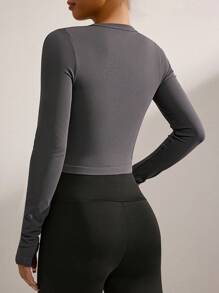 SHEIN Sports Women Solid Color Fitted Cropped Sports Jacket - Dark Grey - View 2