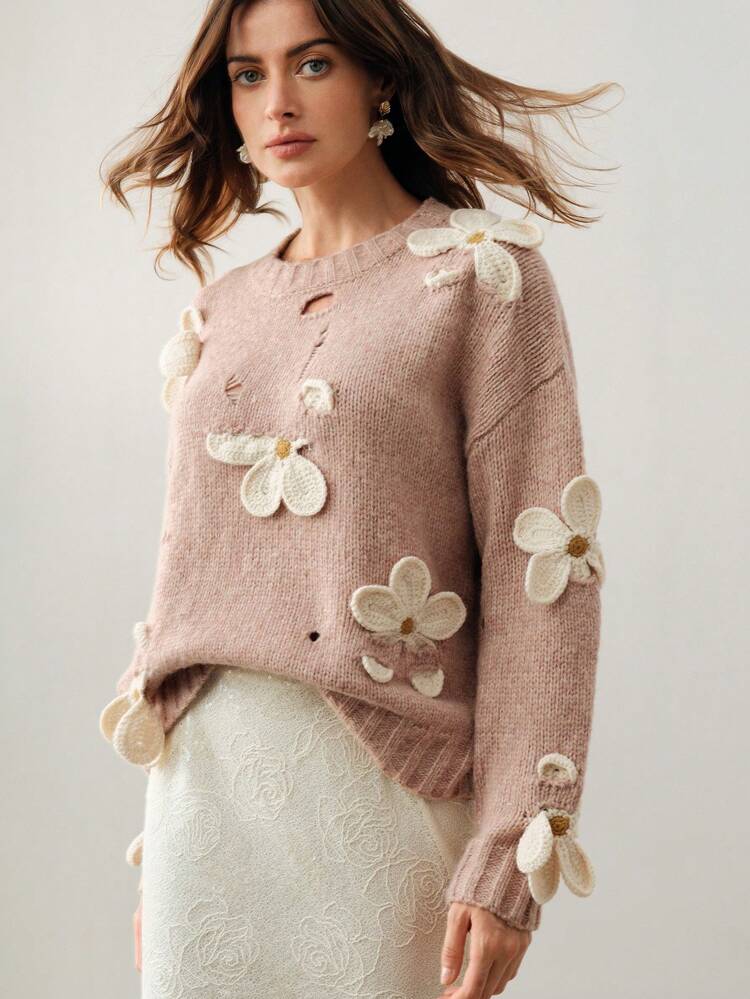 Hand-Crocheted 3D Flower Embellished Soft Round Neck Knitted Sweater Fall Winter