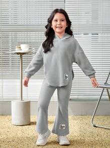 Leap Crew 2pcs/Set Young Girl Toddler Fitted Hoodie Pullover And Asymmetrical Hem Sweatpants - Grey - View 5
