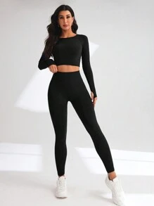 SHEIN Dewbera Bộ đồ tập thể thao nữ, quần legging nữ, cổ tròn dài tay, màu trơn, giản dị, đơn giản - màu đen - Xem 6