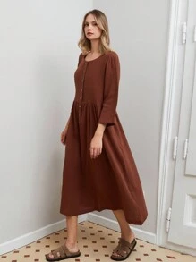 RueChic WOMAN BROWN ELEGANT MUSLIN LONG DRESS - Brown - View 3