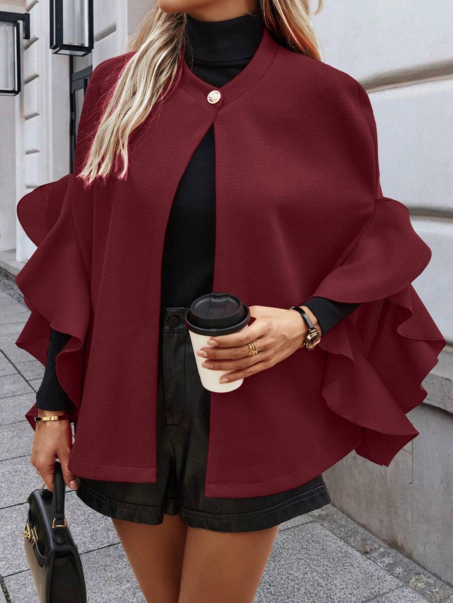 SHEIN Clasi Áo khoác tay cánh dơi rộng rãi màu trơn đơn giản cho nữ, mùa thu/đông - Màu Đỏ Sâu - Xem 1
