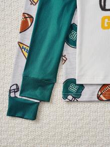 2pcs/Set Tween Boys Casual Football Pattern Ribbed Snug Fit Loungewear Set - Deep Green & Heather Grey - Multicolor - View 4