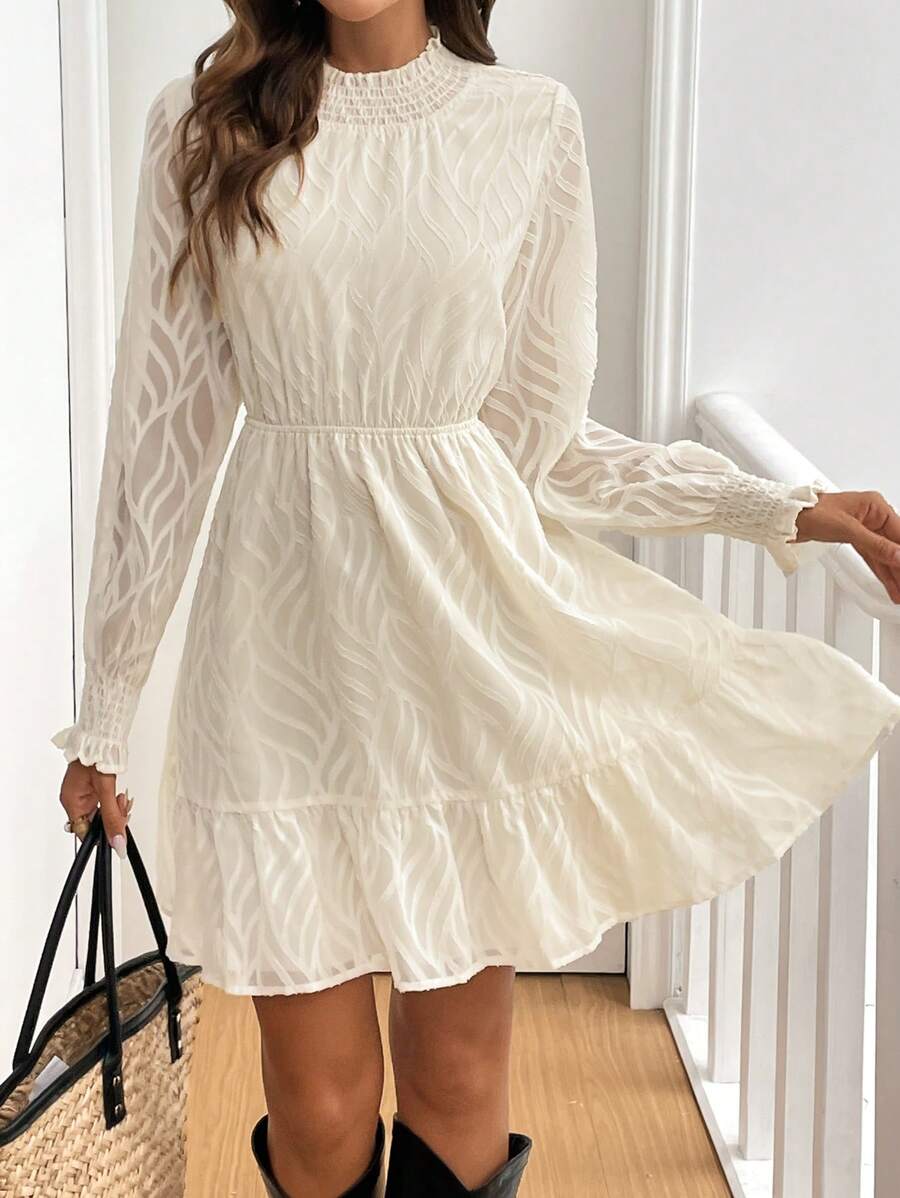 SHEIN Frenchy 女士秋季荷叶边领长袖优雅短款连衣裙 - 杏色 - 查看 1