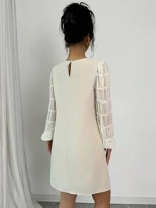 Chiquease Đầm dài tay rộng rãi, dáng suông, cổ tròn, xếp ly, chất liệu voan trơn màu, dáng rộng, thường ngày - Màu be - Xem 2