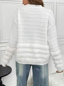Chiquease Elegant Fluffy Long Sleeve Round Neck Solid Color Sweater For Women, Knit Pullover Fall Winter - White - View 2