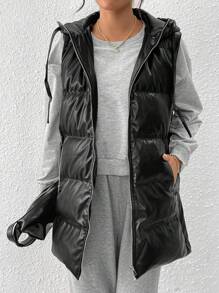 SHEIN Essnce Black Hooded Leather Down& Feathers Jacket With Double Pockets, Zipper, Windproof And Warm, 50% Filled Down& Feathers Down& Feathers Jacket, Side Slits, Metal Buckle, Adjustable Mid-Length Down& Feathers Jacket