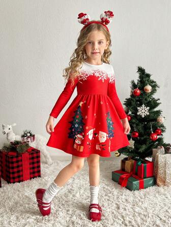 SHEIN Young Girls Christmas Design Fitted Knit Crew Neck Dress,Red Positioning Print Dress,Red  Dress,Girls Winter Clothes,Girls Fall Clothes,Girls Sets,Christmas Kids Clothes,Girls Christmas Dress,Girls Kids S
