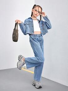 2 件女童休闲破洞牛仔夹克和牛仔裤套装，适合所有季节 - 淺色水洗藍 - 查看 4