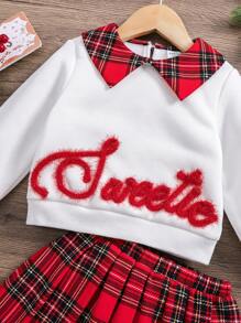 SHEIN 2pcs/Set Baby Girl Christmas Cute Red And White Plaid Outfit,Ruffled Collar Sweatshirt&Pleated Skirt,Autumn Back-To-School Holiday Party Clothes - White - View 6