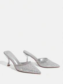 CUCCOO TILAWA Women Shoes Summer Rhinestone Glitters Upper Pointed Toe Mid-Heel Luxury Elegant Gorgeous Shining Silver Glitters Women's High-Heeled Shoes Mules High-Heeled Slippers Fashion Women's Shoes Slip-On Dress Shoes Party Banquet Wedding Formal Occasion Dress Shoes Fashion Party