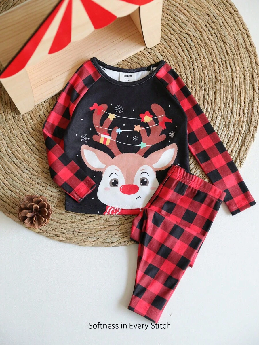 SHEIN 2 Stücke/Set Baby Jungen Eng anliegendes Weihnachten niedlicher Rentier-Karomuster Raglan T-Shirt und Karomuster Hose Lässiger bequemer Schlafanzug-Set